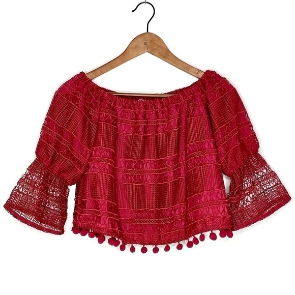 Tularosa Alexa Crochet Lace Cropped Off The Shoulder Boho Pom Pom Maroon Top - Picture 2 of 13